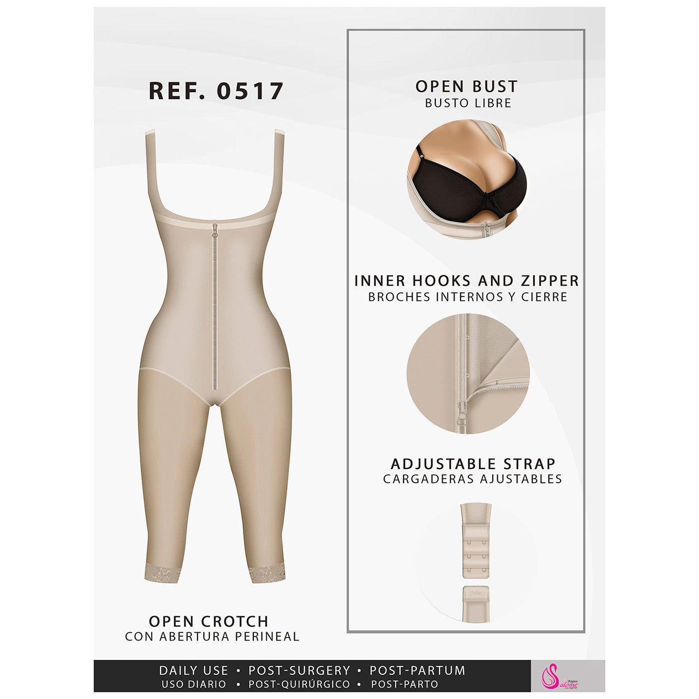 Fajas Salome 0517 | Post Surgery Stage 1 Butt Lifter Full Bodysuit | Open Bust Knee Length Body Shaper for Women | Powernet - Pal Negocio Fajas Salome 0517 | Post Surgery Stage 1 Butt Lifter Full Bodysuit | Open Bust Knee Length Body Shaper for Women | Powernet - Pal Negocio
