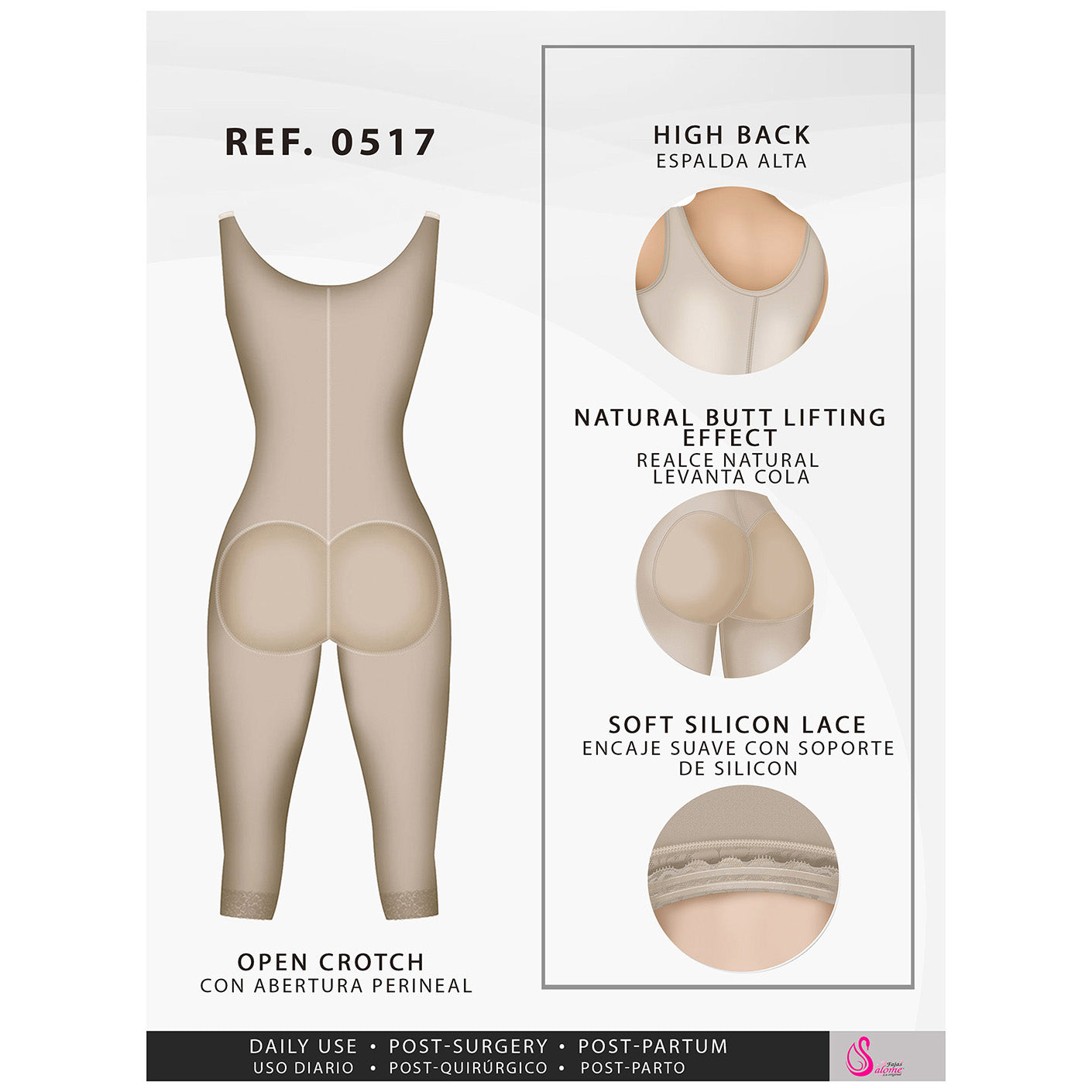 Fajas Salome 0517 | Post Surgery Stage 1 Butt Lifter Full Bodysuit | Open Bust Knee Length Body Shaper for Women | Powernet - Pal Negocio Fajas Salome 0517 | Post Surgery Stage 1 Butt Lifter Full Bodysuit | Open Bust Knee Length Body Shaper for Women | Powernet - Pal Negocio