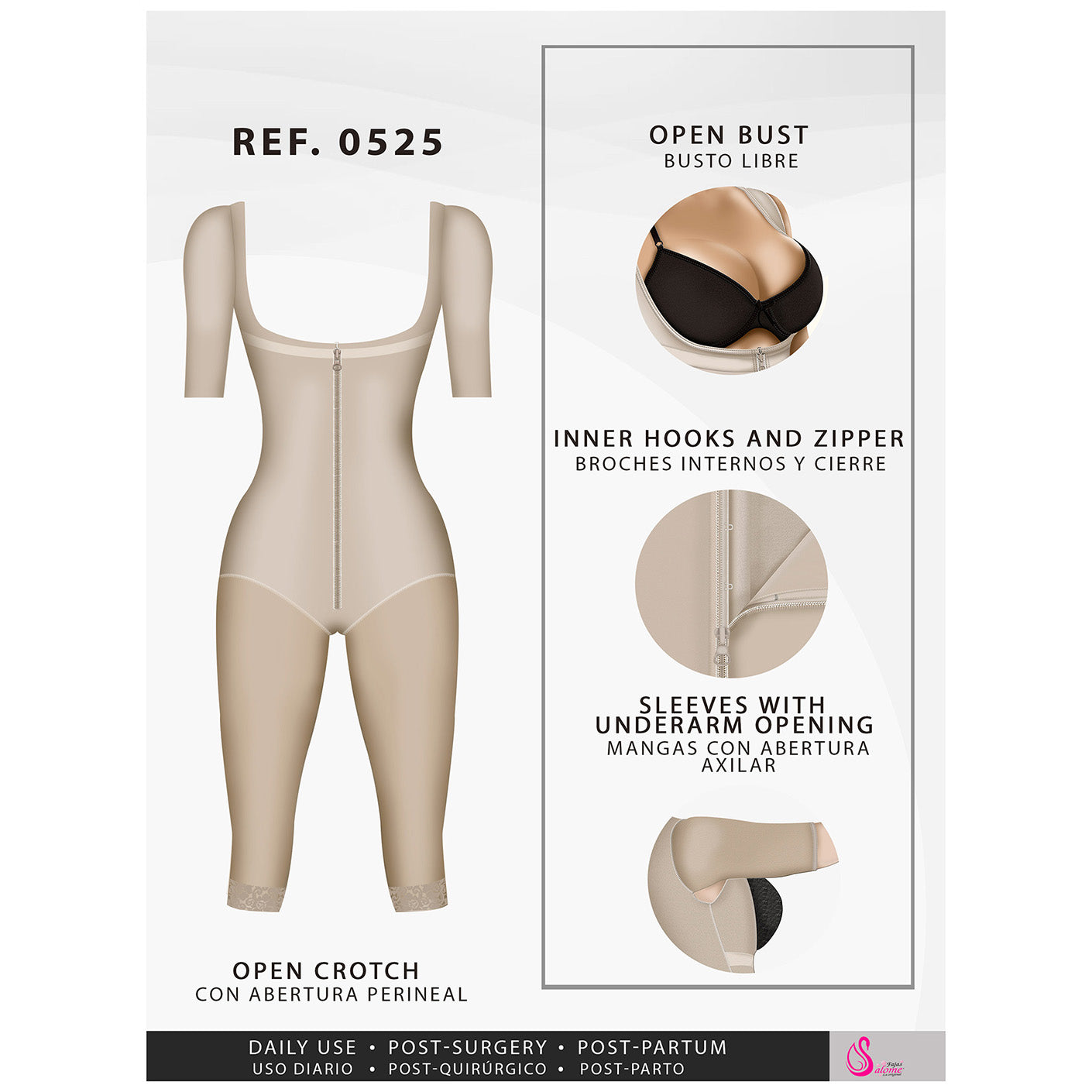 Fajas Salome 0525 | Post Surgery Bodysuit Full Body Shaper for Women | Tummy Control Butt Lifter Knee Length Shapewear with Sleeves | Powernet  - Pal Negocio Fajas Salome 0525 | Post Surgery Bodysuit Full Body Shaper for Women | Tummy Control Butt Lifter Knee Length Shapewear with Sleeves | Powernet  - Pal Negocio