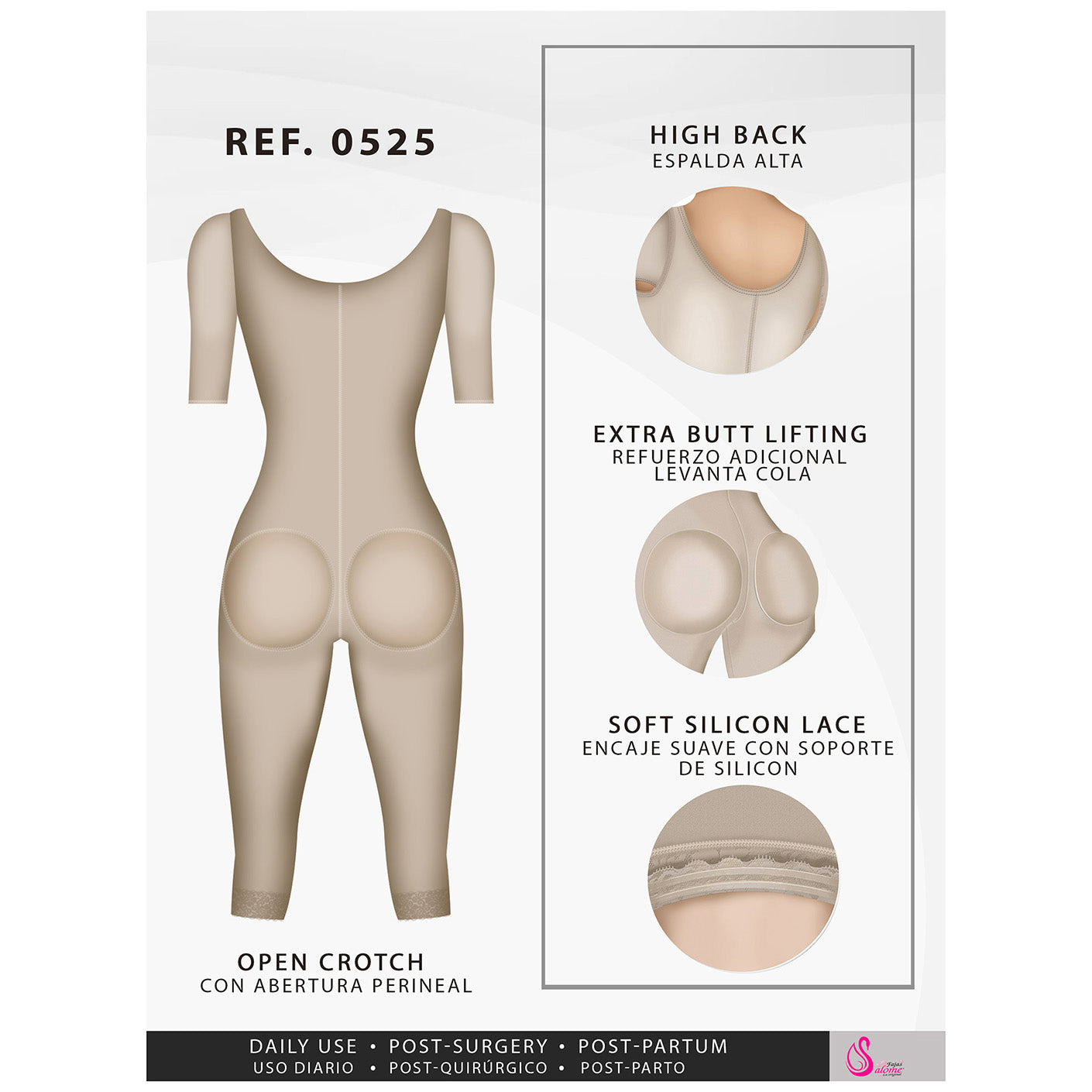 Fajas Salome 0525 | Post Surgery Bodysuit Full Body Shaper for Women | Tummy Control Butt Lifter Knee Length Shapewear with Sleeves | Powernet  - Pal Negocio Fajas Salome 0525 | Post Surgery Bodysuit Full Body Shaper for Women | Tummy Control Butt Lifter Knee Length Shapewear with Sleeves | Powernet  - Pal Negocio